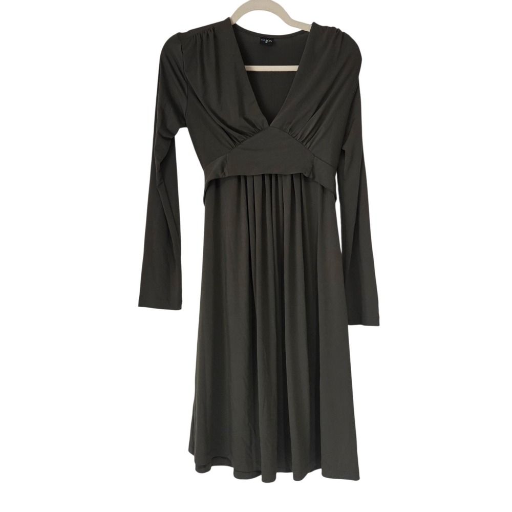 Olian Empire Waist Dress Women XS Olive Green Like New Long Sleeve V-Neck Jersey